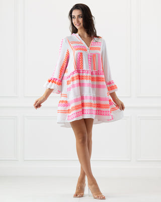 NEW | Aztec Embroidered Short Tiered Dress | Neon Orange/Pink